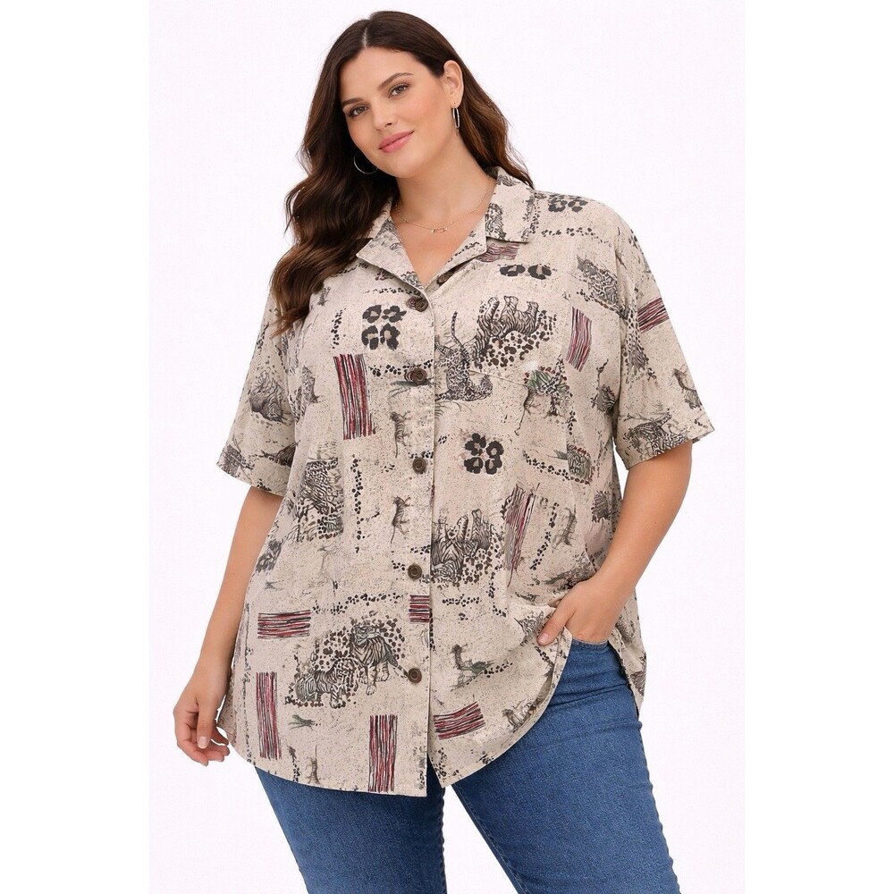 Vintage Tap & Co 1XL Safari Tiger Animal Print Button Front Shirt Top Wildlife